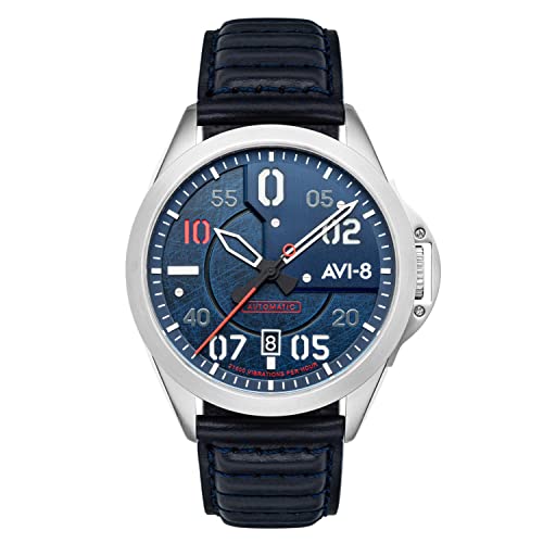 Image of AVI-8 Men's P-51 Mustang Genuine Leather Strap Japanese Automatic Blue 43mm Watch - AV-4086-02