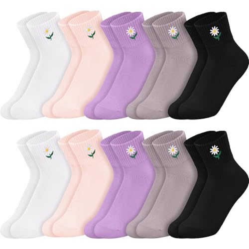 Image of Eurzom 10 Pairs Socks Womens Crew Elastic Ankle Length Cotton Socks Aesthetic Cute Lightweight Low Cut Gifts for Women