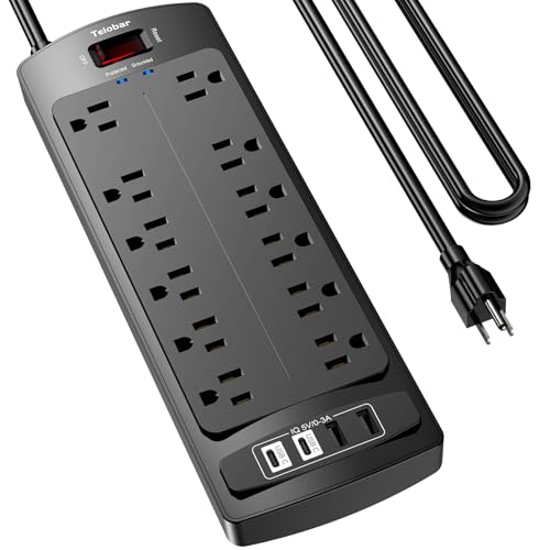 Image of 10 Ft Extension Cord Power Strip, Teiobar Surge Protector with 12 AC Outlets and 4 USB Ports for Home, Office, Dorm Essentials, 2700 Joules, ETL Listed, Black