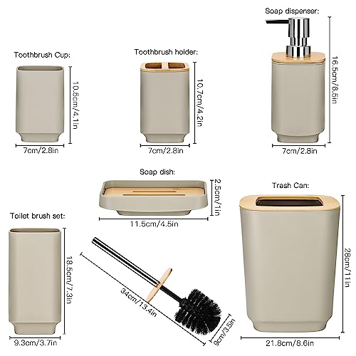 JOTOM Bamboo Bathroom Accessories Set of 6 Modern Design 6 Pieces Bathroom Accessory Set Soap Dispenser Toothbrush Holder Tooth Mug Soap Dish Toilet Brush Rubbish for Bathroom Home Decor (Beige) - Image 6