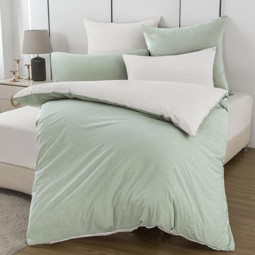 Nesture Bettwäsche 135x200 Baumwolle Salbeigrün/Weiß - Bettwäsche-Sets 2teilig Weich, 100% Gewaschene Baumwoll, Enthält 1 Bettbezug 135 x 200cm und 1 Kissenbezug 80x80 mit Reißverschluss