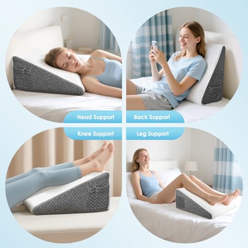 Vielseitig Keilkissen mit Nackenrolle, 25D Memory-Schaumstoff Lesekissen für Bett und Sofa, Ergonomisches Kopfkissen für Reflux Schlafapnoe, Lendenkissen, Beinkissen, Rückenstützkissen, L50xB50xH26cm