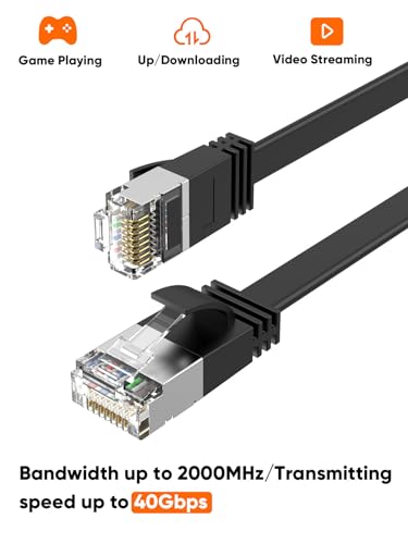Image of CableCreation Flat Cat8 Ethernet Cable 6.6FT, 40Gbps 2000Mhz High Speed Slim Internet LAN Cable Cord Gigabit RJ45 Router Cable Compatible for Computer Laptop PS5 PS4, Switch Box PC, TV Box, 2m, Black
