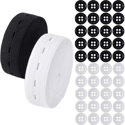 Incinkod 3/4 Inch Elastic Band with Buttonholes, Flat Black & White Pant Button Sewing Waist Band Tightener Spool, Elastic Fabric String Strap Adjustable for Clothes Jean DIY Craft (3.28 Yards)
