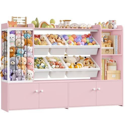 FOREHILL 137.3cm Mueble Juguetes Organizador, Organizador Peluches, Libreria Infantil con 6 Cajas Extraíbles, Mueble Almacenaje Juguetes, Estanteria Montessori Infantil, 137.3x28x94cm Rosa