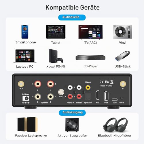 Arylic B50 Verstärker mit Bluetooth, Stereo Amplifier, 2 Kanal 50W*2 Home Audio AMP, mit HDMI, ARC...