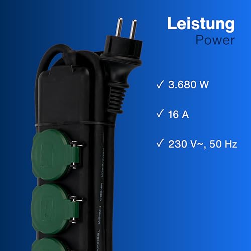 REV Steckdosenleiste - Mehrfachsteckdose 4-Fach IP44, ideal für Garten & Terrasse, Kabel 1,4m, max. 3500W, schwarz-grün