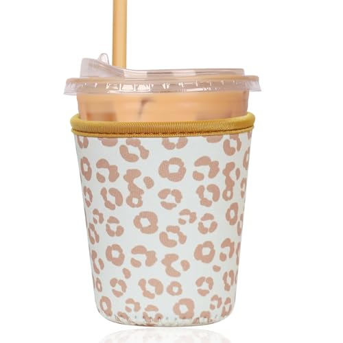 Image of Reusable Insulated Sleeve for Iced Coffee Cup, Coffee Neoprene Sleeve for Cold & Hot Drinks, Beverage Holder for Iced Coffee (Leopard Grace, Small: 16-18oz)