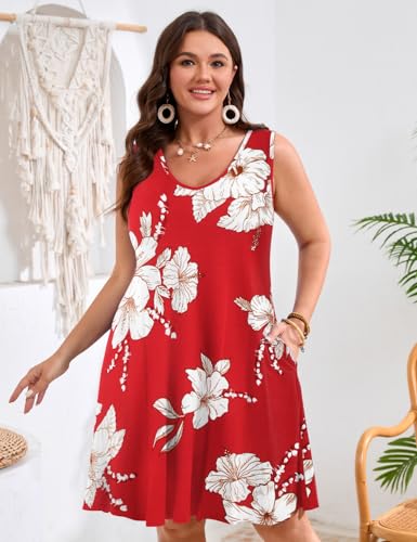 Image of JollieLovin Women Plus Size Curvy Summer Tank Sun Dresses Sleeveless Causal T-Shirt Dress Beach Swing Cover up(L-5X)