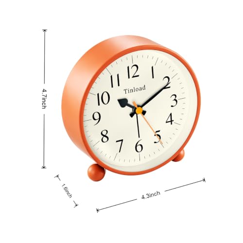 Image of Tinload 4.5 inch Vintage Retro Analog Alarm Clock, Super Silent Non Ticking Small Clock with Manual Light, Snooze, Battery Operated, for Living Room, Bedroom, Bedside, Desk(Orange)