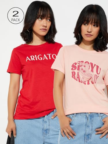 Image of Max Women's Cotton Regular Fit URB N Graphic Printed T-Shirt - Pack of 2