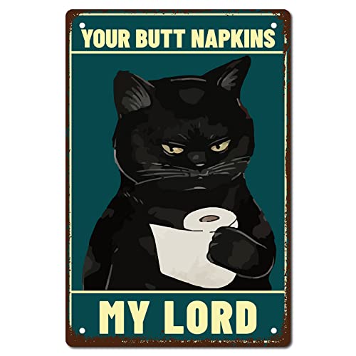 CREATCABIN Black Cat Metal Tin Sign Your Napkins My Lord Metal Poster Vintage Retro Art Mural Hanging Iron Painting Plaque Funny Animals for Home Kitchen Bathroom Wall Art Decor 8 x 12 Inch