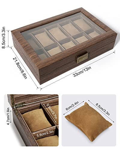Image of Uten Watch Box 10 Slots, Watch Case Organizer with Real Glass Lid, Wood Grain PU Leather Watch Display Storage Box with Removable Imitation Suede Watch Pillows, Metal Clasp