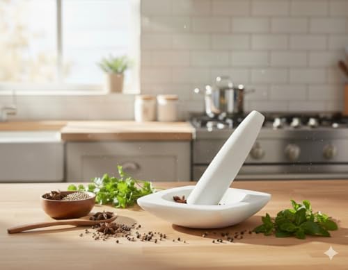 Image of Marble Mortar and Pestle Set Stone Big Size, Kharal, Khalbatta, Kundi, Okhli, Musal, Imamdasta, Silbatta, Idikkalu, Kitchen tool for Grinding Herbs Marble Masher (WHITE, SMALL)
