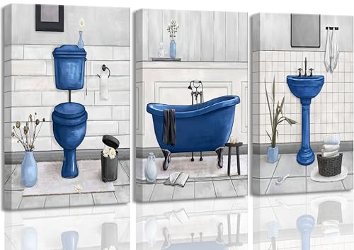 3 Pcs Navy Blue Bathroom Canvas Wall Art Paintings Fun Blue Bathtub and Toilet Paintings Pictures...