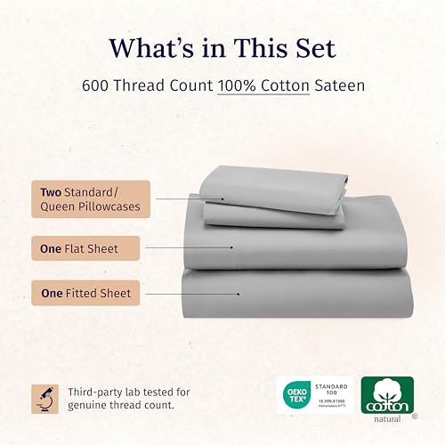 California Design Den - Luxury Full Size Sheet Set - 100% Cotton, 600 Thread Count Deep Pocket Full Size Bed Sheets, Hotel-Quality Cooling Sheets, Sateen Weave - Light Grey