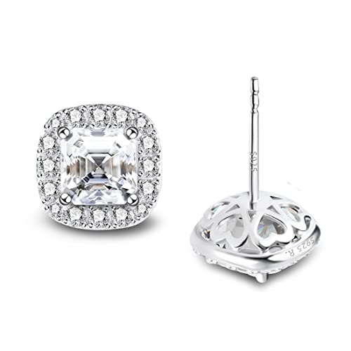 Stunning Flame 18K White Gold Plated Halo Cluster Cubic Zirconia Earrings/Sterling Silver Stud Earrings For Women,Mom And Girls （Asscher) #TOP10