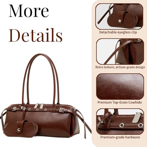 Genuine Leather Shoulder Bag for Women, Vintage Cowhide Bowler Bag Top Handle Bag with Eyeglass Case2