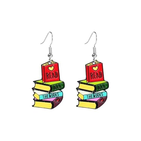 Funny Enamel Stackable Book Pencil Drop Dangle Earrings Stack of Books for Women Classic Librarian Teacher Student Graduation Back to School Jewelry-Enamel Books Cover