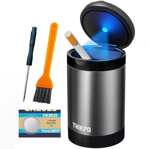 Ashtray with Lid, Smellproof & Smokeproof Cup Holder Ashtray, Portable Mini Car Trash Can, Detachable Aluminum Alloy Smokeless Car Ashtray with Automatic LED Light