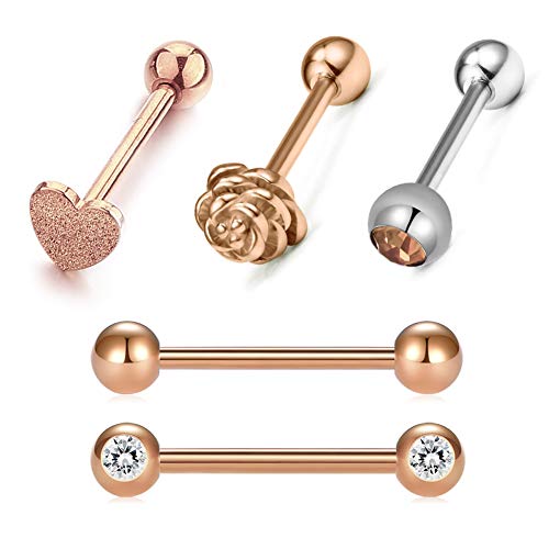 FECTAS 5 Styles Acier Inoxydable Anneau De Langue Bars Ensemble 14 Gauge 16mm Droit Barbell Corps Piercing Bijoux Cover