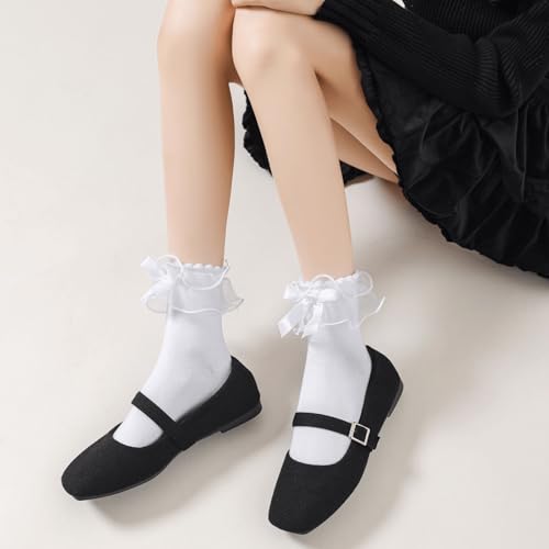 Lace Ruffle Frilly Socks for Women, Comfortable Cotton Cute Lace Ankle Socks with Bow4