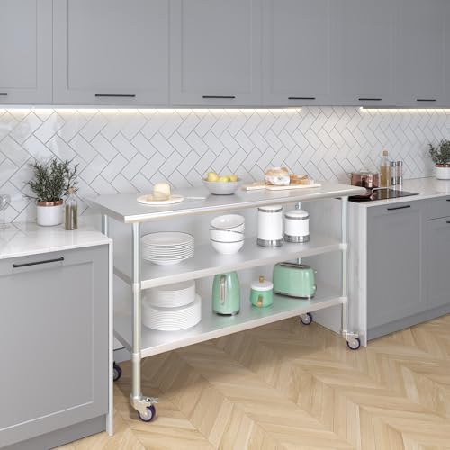 Image of AmGood Stainless Steel Work Table with 2 Shelves and Casters | Metal Utility Table On Wheels (Stainless Steel Work Table with 2 Shelves + Casters, 60 inch Long x 24 inch Deep)