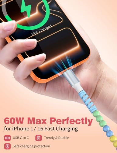 Image of USB C to USB C Cable 3FT,60W Beaded Charger Cord Fast Charging for iPhone 17 16 15 Pro Max /iPad Pro Air 11th /for Samsung S26 S25 S24 Ultra S23 A16 A17 /Android Phone Charger Cute Girls Women,BlueYellow