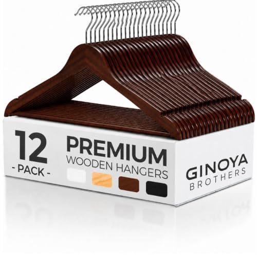 Image of GINOYA BROTHERS Walnut Wooden Suit Hangers 24 Pack with Non Slip Pants Bar - Smooth Finish Solid Wood Coat Hanger for Camisole, Jacket, Pant, Dress Clothes Hangers (.Walnut: 12)