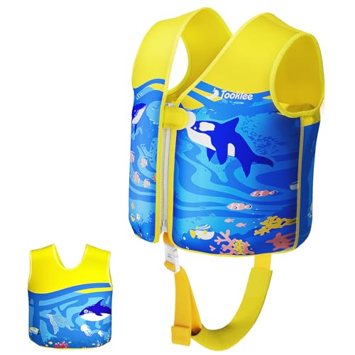 Tooklee Swim Vest for Toddler & Kids 1-2-3-5-7-9 Years Old, Adjustable Buoyancy Swimming Trainer Vest for Boys & Girls 20-30-50-90 lbs, Pool Floaties Neoprene Jacket with Crotch Strap, Ocean Blue, S