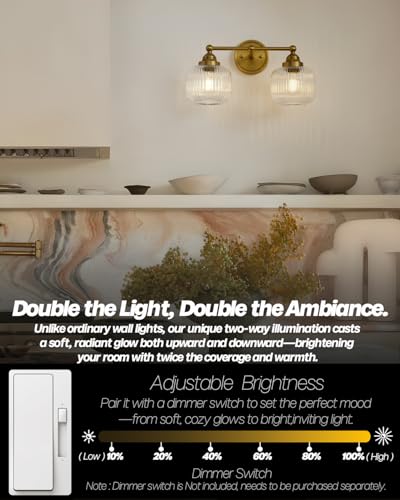 Image of Vintage 2-Lights Clear Ribbed Glass Wall Sconce Lighting | Brass Finished Double Head Bathroom Vanity Light Fixture for Bedroom Living Room Dining Room Hallway E26 Edison Screw
