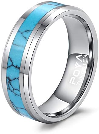 POYA 8mm Tungsten Wedding Band Turquoise Rings for Men Beveled Edges Comfort Fit(8.5)