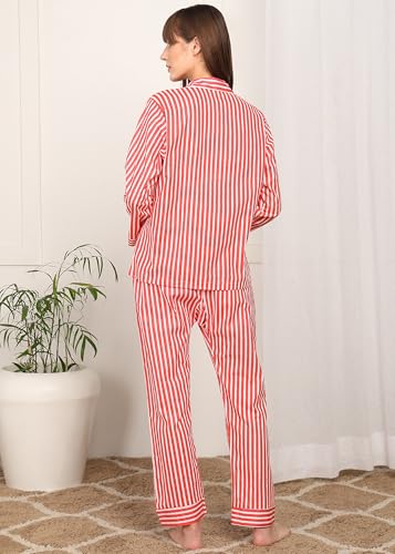 Image of Vlazom Women Cotton Striped Night Suit Set with Pocket | Full Sleeve Shirt & Pajama Co-Ord Set | Soft Breathable Sleepwear with Bow Detail | Comfortable Loungewear for Home
