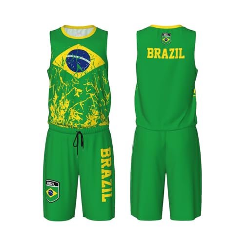Brazil Flag Grain (2) Basketball Jersey Uniform Suit for Men Adults Training Athletic Set