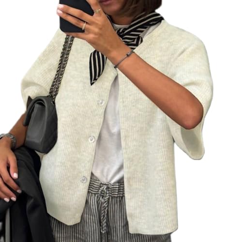 Image of Women Y2K Knit Cardigan Short Sleeve Crewneck Solid Color Button Down Tops Casual Going Out Sweater Streetwear