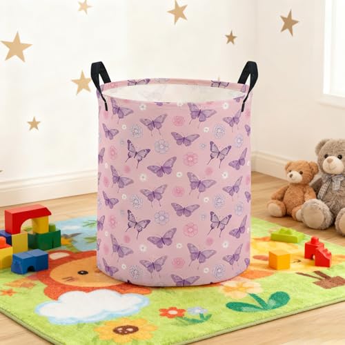 Image of ESSME Kids Laundry Basket,Butterfly Hamper Collapsible Canvas Waterproof Storage Bin for Boys, Cute Hamper,Gift Baskets(Pink butterfly)