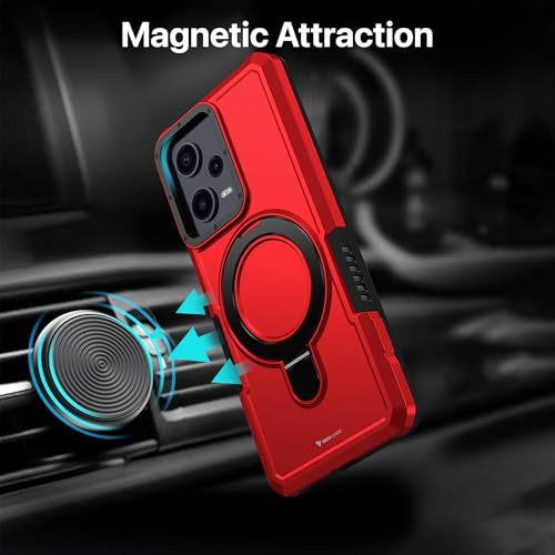 Image of Vaku Luxos Astor Military Grade Back Cover Case for Redmi Note 12 Pro 5G with Rotable Ring Kickstand Shockproof Protective Cell Phone TPU Case- Red