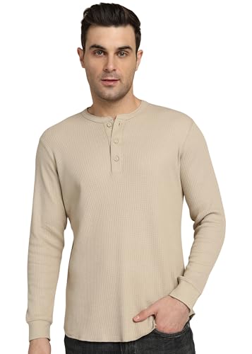Image of Alan Jones Clothing Men's 100%Cotton Regular Fit Waffle Henley Neck Long Sleeve T-Shirt