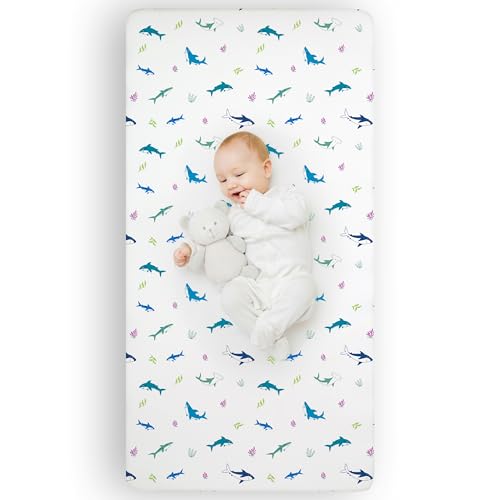 Image of Wildkin Kids 100% Cotton Fitted Crib Sheet for Boys and Girls, Crib Sheets Measures 52 x 28 x 8 Inches, Kids Crib Sheets with Super Soft and Breathable Material (Shark Attack