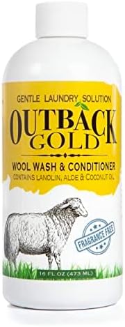 Outback Gold Wool Wash, 16 Oz, HE Compatible, Plant Based, Unscented, Fragrance Free, Neutral pH Laundry Detergent for Wool, Cashmere, Silk, Sheepskin, Baby Items, Mild and Enzyme Free, Made in USA