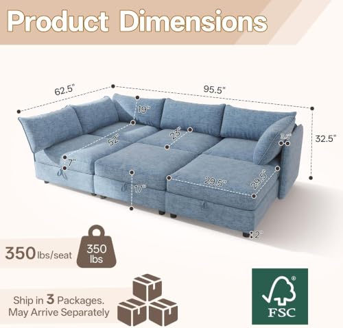 Image of 95.5 inch 6 Seat Modular Sectional Sleeper Sofa, Chenille Modern Modular Sofa Bed Hidden Storage, Convertible L&U Shaped Sleeper Couch with Ottoman, Couches for Living Room, Blue