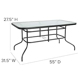 Flash Furniture Tory 315 x 55 Rectangular Tempered Glass Metal Patio Table with Umbrella Hole Modern Rippled Glass Outdoor Dining Table Black