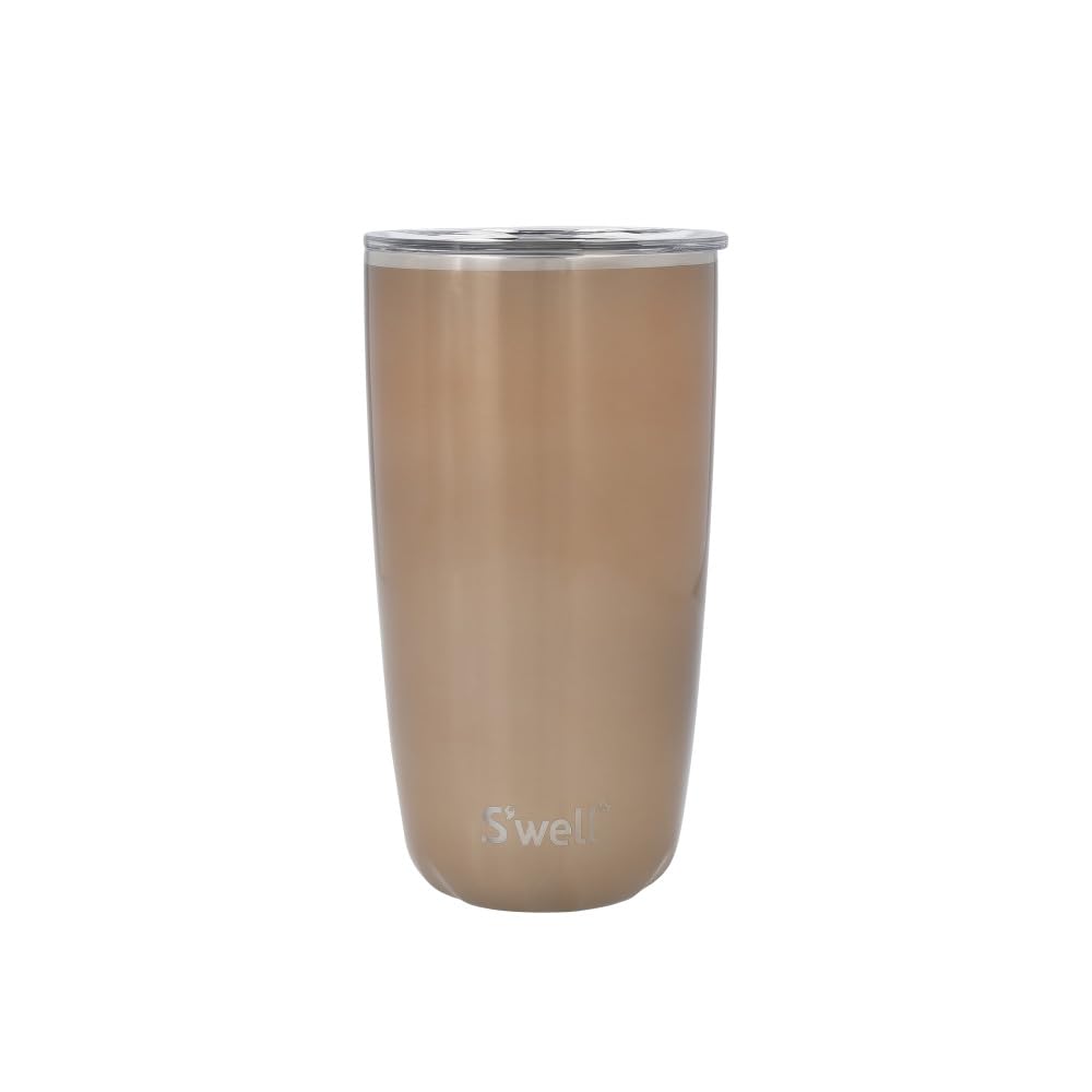 S'well Gold Tumbler With Lid, 530Ml, Pyrite, Vacuum-Insulated Travel Cup With Pop-On Lid, For Hot And Cold Beverages, On-The-Go Up To 12H Cold/4H Hot,
