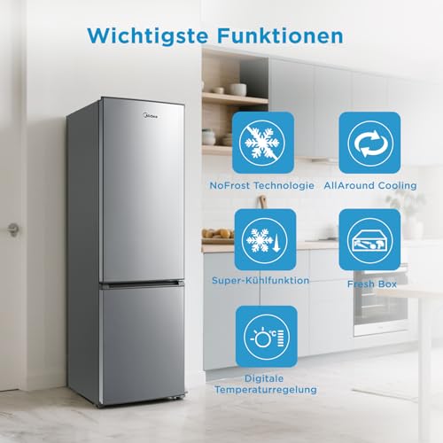 Midea MERB276FGE02A Frigorifero con Congelatori da incasso 270 L, Total Nofrost, 219kWh/annum, 54.5x62.5x180cm, Termostato Regolabile, Inox - Immagine 1