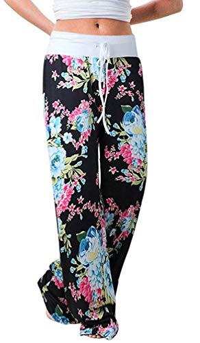 Image of Elsofer Women's Comfy Lounge Pants Soft Floral Pajama Pants Loose Drawstring Wide Leg Palazzo Pants for Sleep, Casual Wear
