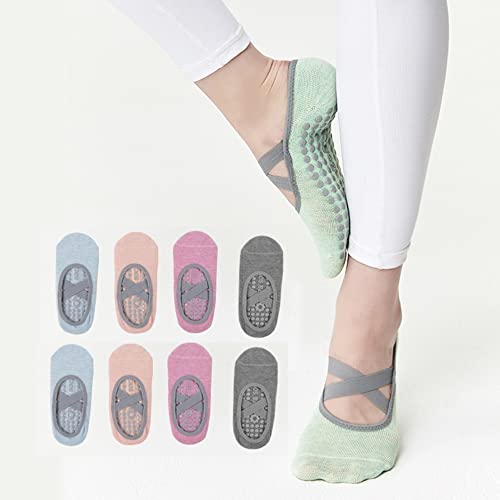 POKEAT 5Pair Women's Non Slip Ballet Dance Sock Silicone Yoga Socks Ladies Cross Straps Pilates Cotton Sports Socks