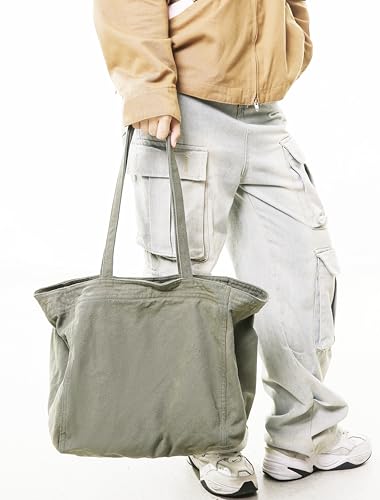 Image of Cotton Tote Handbag Women Canvas Crossbody Beach Bag Hobo Shoulder Tote Bag with 3 External Pocket,Zipper Closure