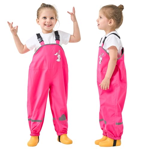 Domueay Pantalon Impermeable Niñas Niños Pantalón Barro con Tiras Reflectantes Peto de Lluvia Dibujos Pantalón de Lluvia Transpirable Exterior Ropa Impermeable Infantil 2-3 años, Conejo Rosa