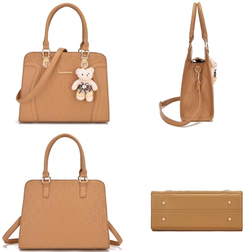 Image of Women's Fashion Handbag Tote Bag Shoulder Top Handle Satchel Purse Set 4pcs | Stylish Style,Chain Texture Design,Ample Space,Bear Doll Decoration,with a Crossbody Strap