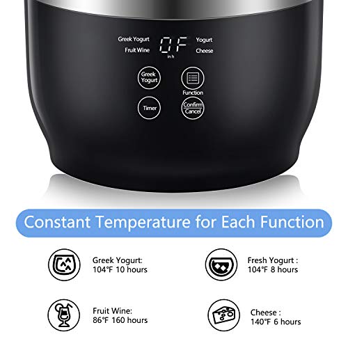 Automatic Digital Yogurt Maker With Stainless Steel Inner Pot, 2 Glass Jars (1 Quart) and Strainer for Home Organic Yogurt - Black